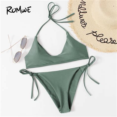 Romwe Sport Self Tie Halter Bikini Set 2018 New Summer Beach Sexy