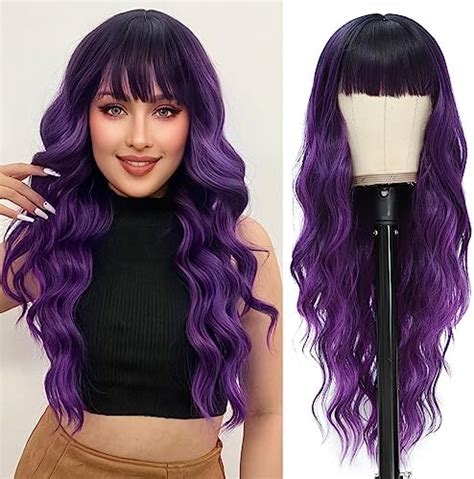 Nayoo Long Purple Wigs With Bangs For Women Curly Wavy Hair Wigs Heat Resistant