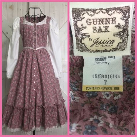 S Vintage Gunne Sax Pink Calico Ditsy Floral White Lace Prairie Midi