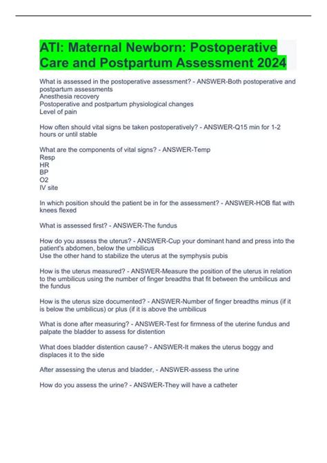 ATI: Maternal Newborn: Postoperative Care and Postpartum Assessment