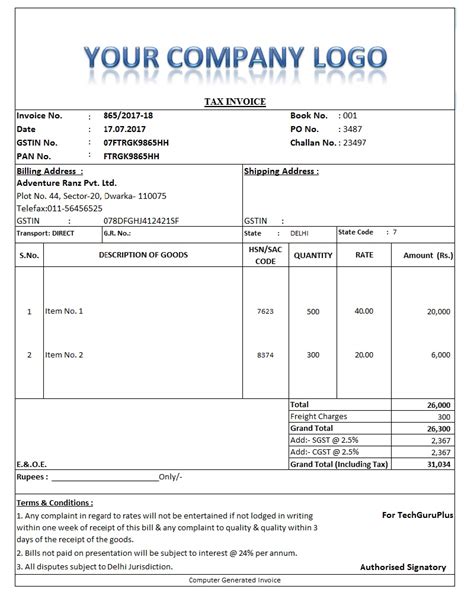 Gst Invoice Format In Excel Word Pdf And Jpeg Format No