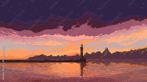 Night sky with stars, clouds, sea and moutains in 8 bit style. Pixel ...