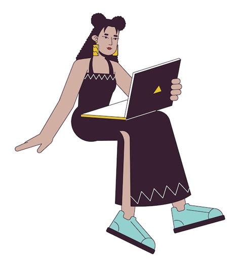 Garota latina atraente segurando dispositivo linha plana cor vetor personagem editável contorno