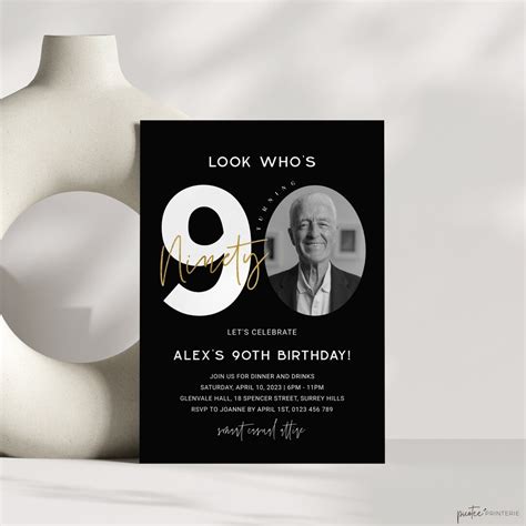 90th Birthday Party Invitation With Photo Minimalist Men Black Gold