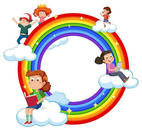 Premium Vector Happy Children With Rainbow