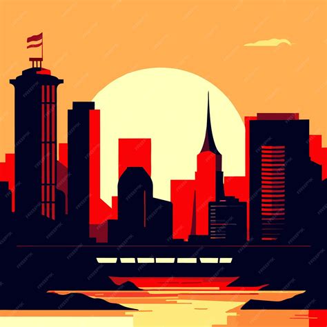 Premium Vector City Skyline With Buildings And Bridge Above Lake Or