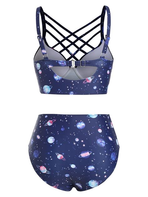 OFF Planet Print Criss Cross Push Up Bikini Swimsuit In DARK SLATE BLUE DressLily