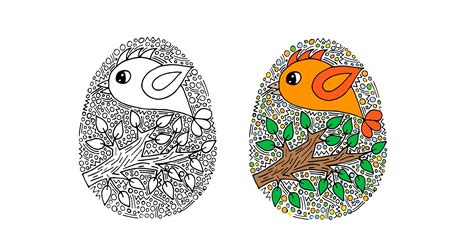 Coloriage d oeuf de Pâques géant avec modèle oiseau sur la branche