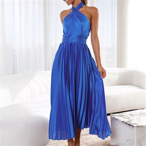 Elegant Solid Pleat Office Dress Luxury Female High Waist Backless