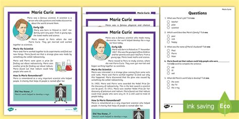 Ks1 Marie Curie Differentiated Reading Comprehension Activity