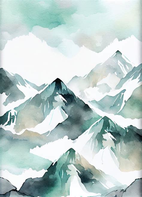 Watercolor Painting of Majestic Mountain Peaks with an Ethereal View of ...