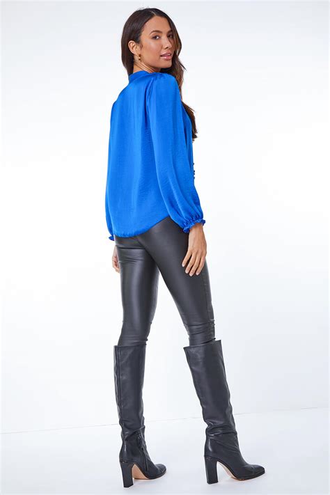 Satin Ruffle Neck Blouse In Royal Blue Roman Originals Uk