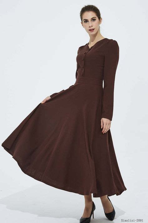 Brown Maxi Dress V Neck Dress Long Sleeves Dress Spring Dresses