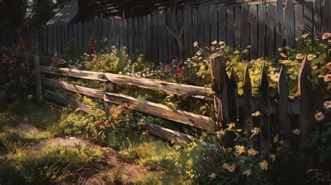 Premium AI Image | A painting of a fence with flowers in the foreground.