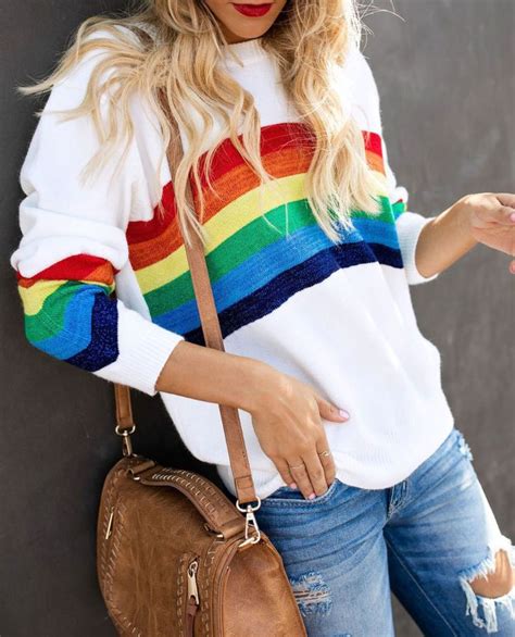 White Rainbow Stripe Knit Sweater Rainbow Sweater Long Sleeve Sweater Long Sleeve Tops