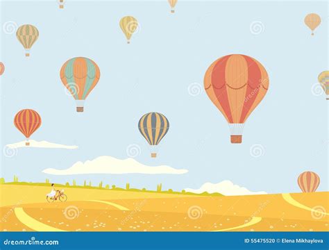 Hot Air Balloons Over Fields Stock Vector Image