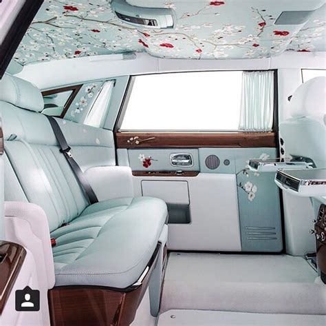 The Interior Of A Luxury Car With Flowers Painted On The Ceiling And