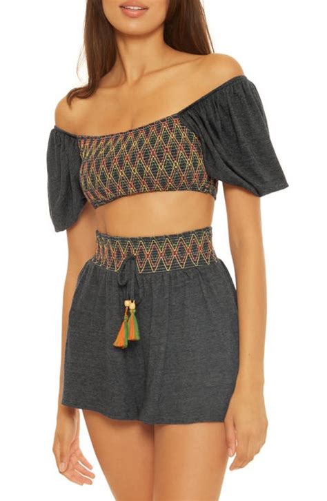 Soluna Sunset Smocked Off The Shoulder Cover Up Crop Top Charcoal