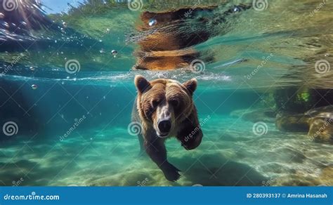 Brown Bear Catches A Salmon In The River Generative Ai Stock