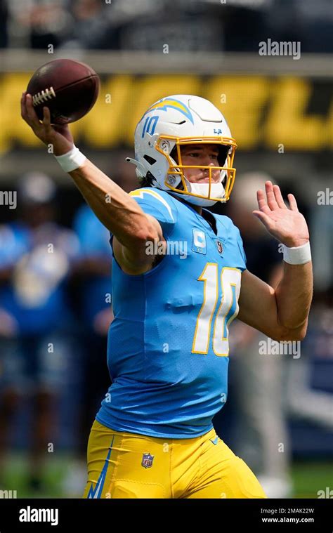 Los Angeles Chargers Quarterback Justin Herbert 10 Warms Up Before An