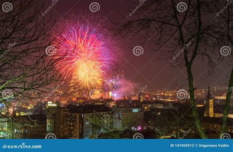 CLUJ-NAPOCA, ROMANIA - December 1, 2018: Fireworks in Cluj-Napoca ...