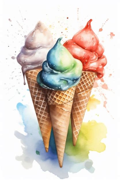 Una Pintura De Acuarela De Tres Conos De Helado Con Diferentes Sabores