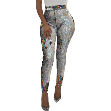 Zmvkgsoa High Waist Glitter Sequin Pant Women Plus Size Sexy Night