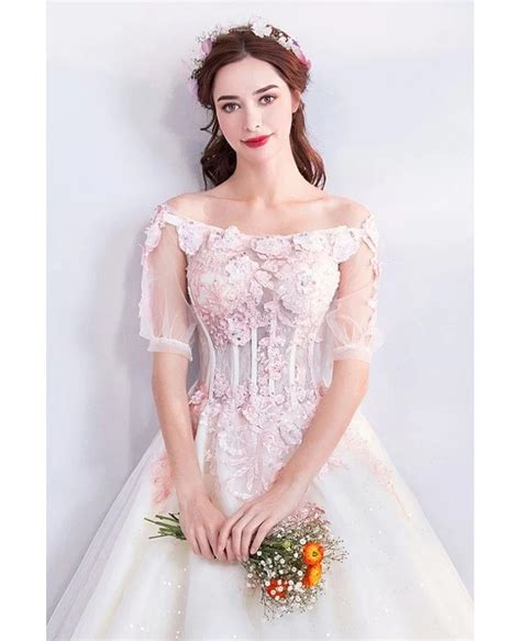 Fairy Princess Pink Flowers Corset Wedding Dress With Sleeves Wholesale