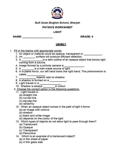 Light Shadow Reflection Worksheet | PDF | Reflection (Physics) | Light