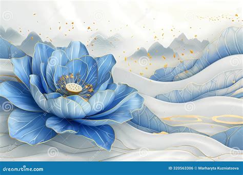 Asian Background With Blue And Gold Lotus Flower Leaves And Buds