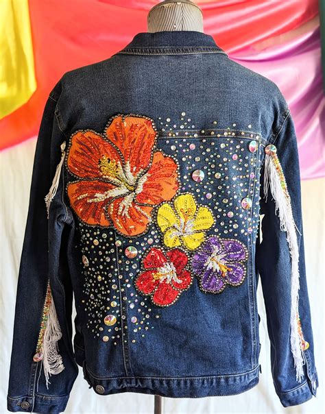 Orange Flower With Three Flowers On Dark Blue Denim Jacket Embellished