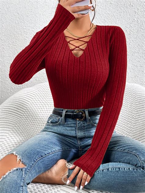 Shein Essnce Crisscross Front Ribbed Knit Tee Shein Uk