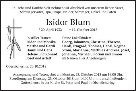 Traueranzeigen Von Isidor Blum Trauer Merkur De