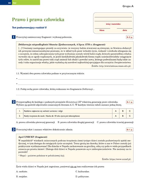 Prawo i prawa człowieka sprawdzian klasa 8 PDF 84 Test Grupa A imię i