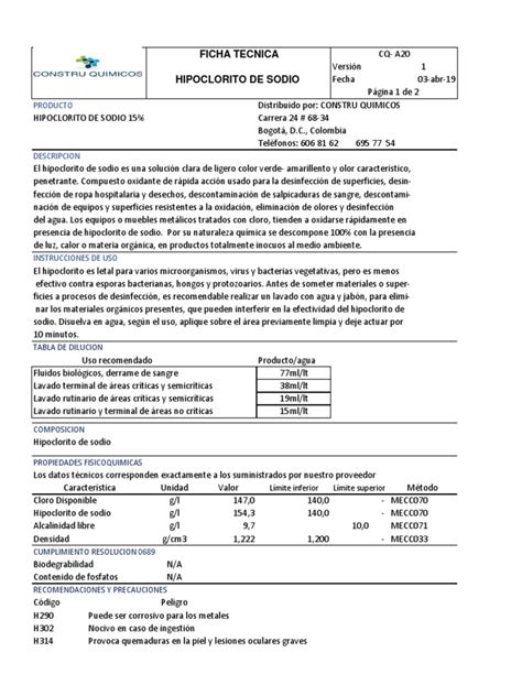 Ficha Tecnica Hipoclorito De Sodio Al15 Pdf Cloro Sodio