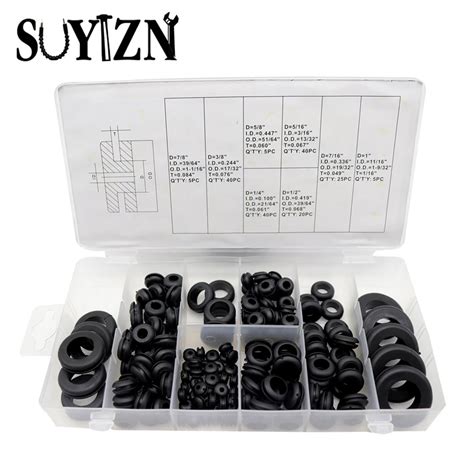 180pcs Case Multi Size Rubber Grommet Assortment Fastener Kit Black