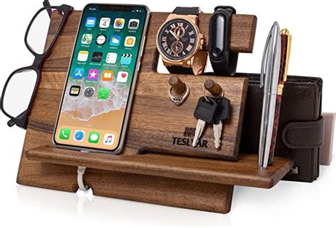 TESLYAR Gifts For Men Natural Walnut Wood Phone Docking Station Fathers