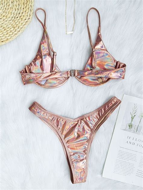 Emmiol Envío gratis 2024 Bikini con aros metalizados Oro rosa S de