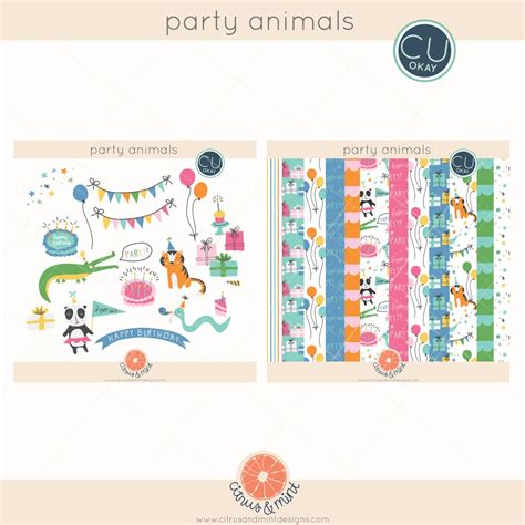 Birthday Party Animals Clip Art and Patterns Hand-drawn Digital ...