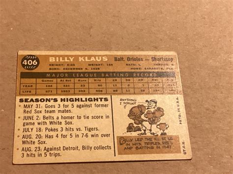 Topps Baseball Billy Klaus Near Mint Sharp Corners No