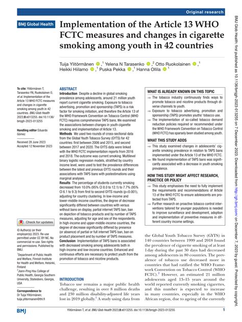 PDF Implementation Of The Article 13 WHO FCTC Measures And Changes In