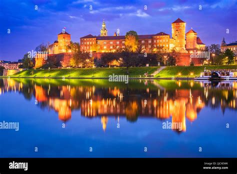 Krakow Poland Skyline With Wawel Hill Cathedral Royal Wawel Castle