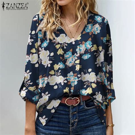 Cheap ZANZEA Women V Neck Long Sleeve Blouse Tops Summer Loose Casual