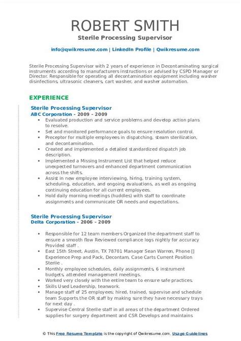 Sterile Processing Supervisor Resume Samples Qwikresume