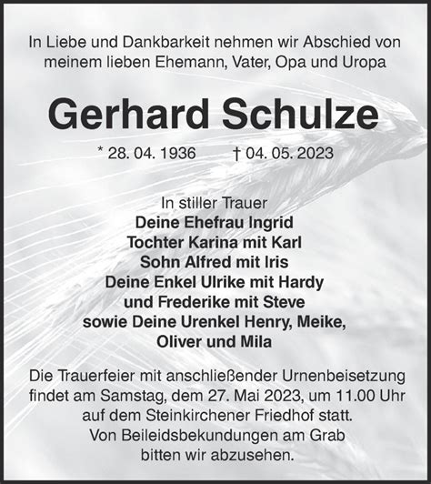 Traueranzeigen Von Gerhard Schulze Lr Online Trauer De