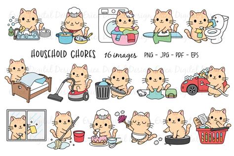 Household Chores Clipart Set Funny Cats 16 Cute Images