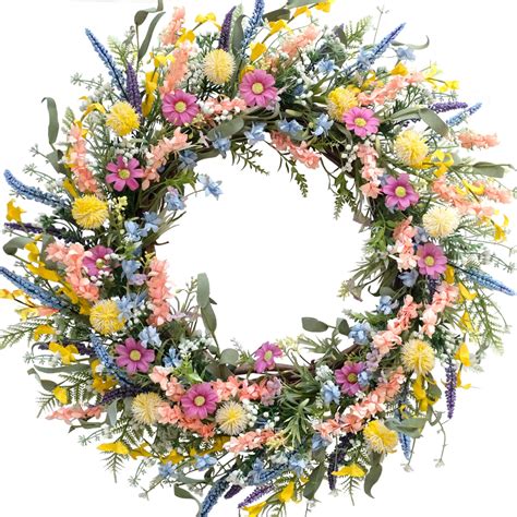 24 Inch Spring Summer Colorful Flower Wreath for Front Door, Colorful Wild Flowers with Green ...