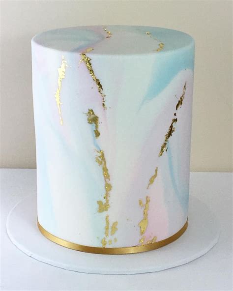 Blue And Pink Marbled Fondant Cake With Gold Leaf Veining For Baby Shower