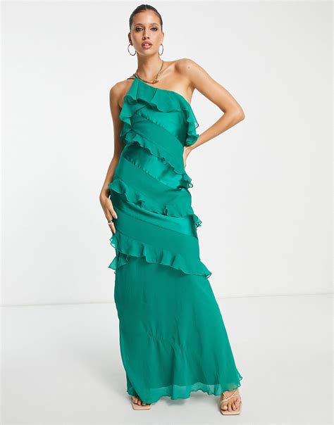 Asos Satin Bias Ruffle Maxi Dress In Green Lyst