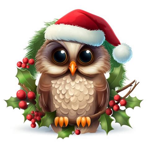 Premium Ai Image Cartoon Owl Wearing A Santa Hat Sitting On A Branch